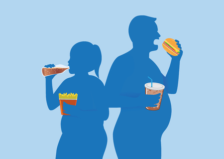 Silhouette of fat people eating fast food. Illustration about keeping body in good shape.のイラスト素材