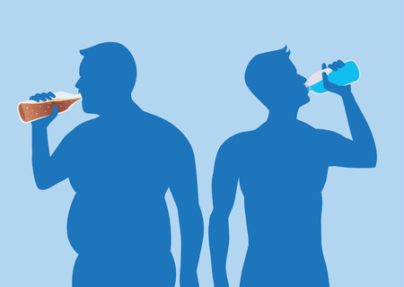 Silhouette Fat Man drink soda but healthy man drink pure water. illustration about health care.のイラスト素材