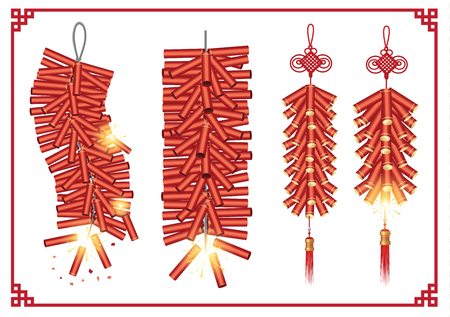 Red Chinese Firecrackers collection in vector style on white background with frame.のイラスト素材