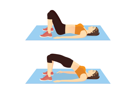 Woman doing exercise with Hip lift for firming her body. Illustration about step of butt exercise.のイラスト素材