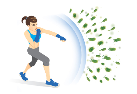 Healthy woman reflect bacteria attack with punching. Concept illustration about boost Immunity with Exercise.のイラスト素材