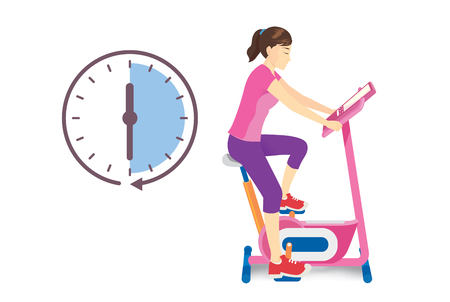 Woman exercise on stationary bicycle with clock icon isolated on white. Illustration about perfect time to exercise.のイラスト素材