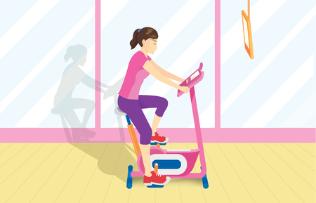 Full body of woman doing Cycling exercise at gym. Illustration about workout with Equipment.のイラスト素材