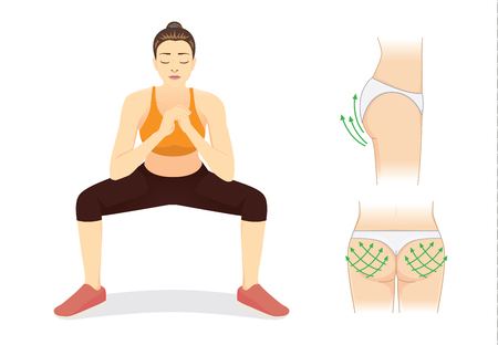 Healthy woman reduce fat for Perfect hip with squat workout. Illustration about beauty shape.のイラスト素材
