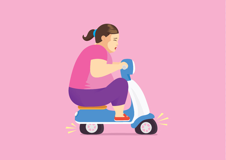 Fat woman on blue scooter flat tire because her too weight.のイラスト素材