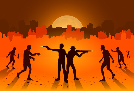 Silhouette of people stand and fighting crowd zombie with handgun and rifle on ruined city background. Illustration about orange theme and Holloween.のイラスト素材