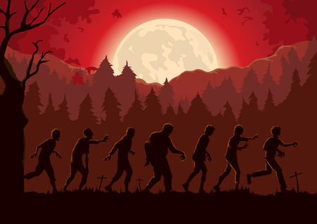Silhouette crowd of zombies walking out of graveyard in full moon night. Red Theme Illustration about Halloween.のイラスト素材