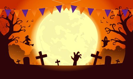 Halloween template background in orange theme with dread tree in graveyard and ghost and witch. Silhouette illustration about holiday celebration.のイラスト素材