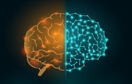 Robot Brain with electronic Circuit and normal Human Brain. Concept Illustration about artificial...
