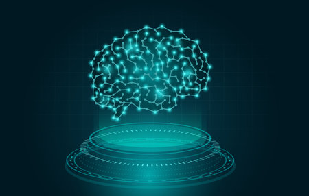 Holography creating a digital Brain on blue theme. Technology Illustration about data, idea and thinking.のイラスト素材