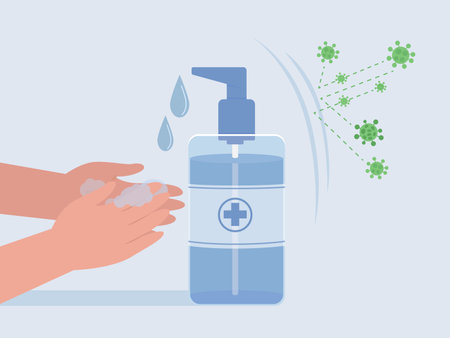Cleansing hand with alcohol based hand sanitizer make virus reflection. Concept Illustration about virus protection.のイラスト素材