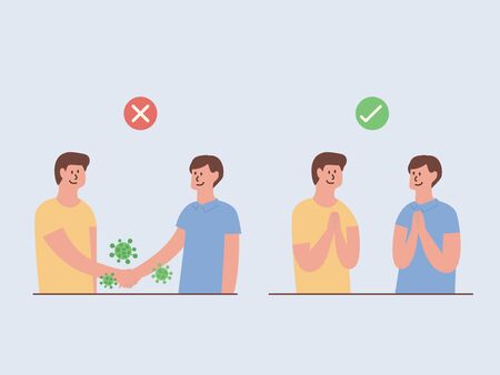 Safe greet is no handshake and no hands contact. Use greet in Asian style for prevent the spread of COVID-19 and inflection. Illustration about Right and wrong ways to protection your self from virus.のイラスト素材