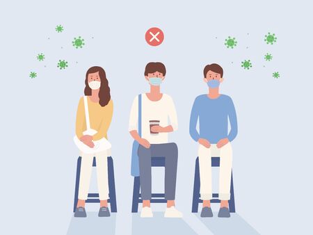 Peoples wear a surgical mask sitting on a chair close to each other that not Social distancing. Illustration about wrong way to protection your self from virus spreadingのイラスト素材