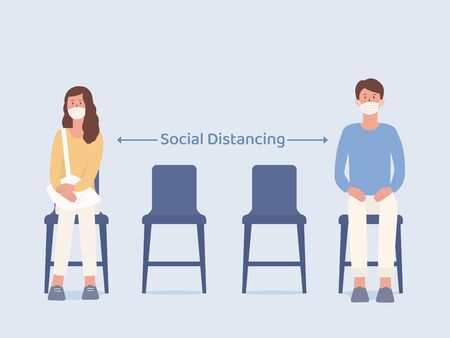 Man and Women who wearing a mask siting on a chair and make blank space for taking social distancing while waiting something. Illustration about way to prevent Coronavirus spread in public place.のイラスト素材
