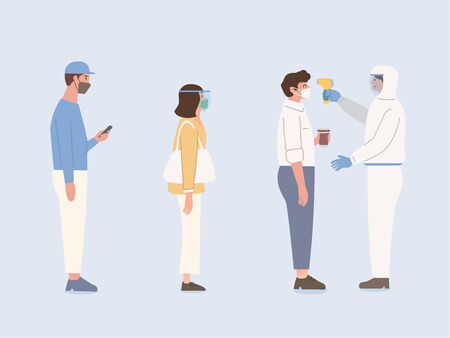 Peoples with face mask and face shield stand in line for waiting body temperature check from Staff by Infrared Thermometer. Illustration about protection about virus spreading.のイラスト素材