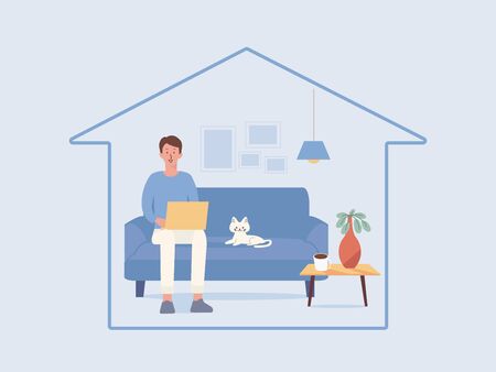 Man working online with a computer laptop on the sofa in the living room of the home, a cat lying near him. Illustration about stay home and safe.のイラスト素材