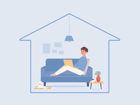 Man relaxing on the sofa in the living room of the home and working online with a computer laptop, a cat lying near him. Illustration about stay home and safe.のイラスト素材