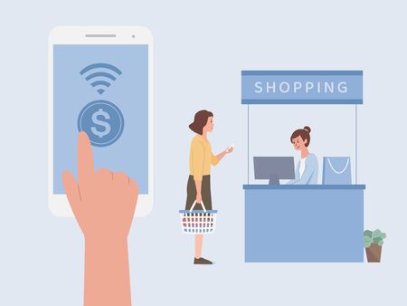 One finger touching on mobile screen for using online Payment to pay money in front of Cash register at the cashier of a shopping center. Women holding Shopping basket standing to wait payment bill. The new normal.のイラスト素材
