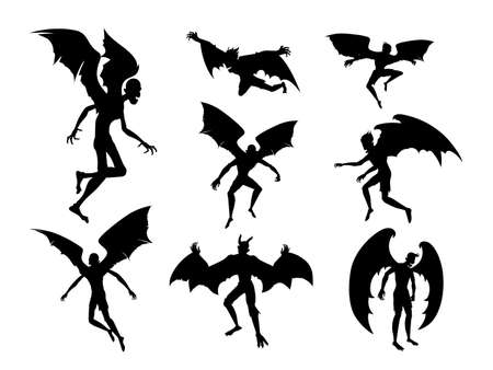 Silhouette bat devil in the human body. Men spirit with bat wing in different posture. Illustration about dracula monster and fantasy for Halloween theme.のイラスト素材