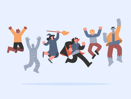 People group in Halloween fancy clothes jumping in the air for holiday celebrations with happy. vampire, Frankenstein, mummy, witch, and werewolf in congratulation action.のイラスト素材