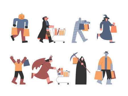 Monster and Devil in different shopping pose include vampire, witch werewolf, and other ghosts from Fantasy fiction. Concept Illustration about Halloween shopping.のイラスト素材