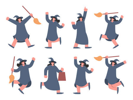 Witch character cartoon collection with hat and broom. Illustration about cute character for the Halloween theme and spooky concept.のイラスト素材