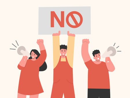 Protester holding Megaphone and no signs for Protest. Campaigning Stop Injustice and bad policy of government, The power of population.のイラスト素材