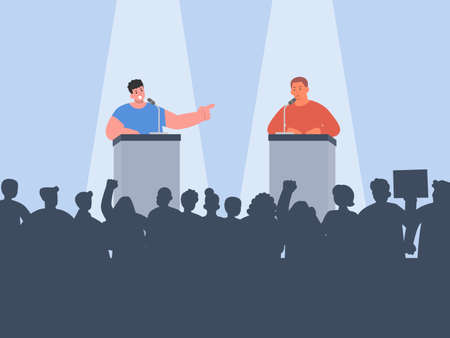 Peoples stand with podium and speech on stage to debate about different thinking in public places. Illustration about Opposite point of view Presentation.のイラスト素材