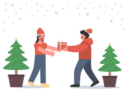 People wearing a medical face mask for protecting spreading of Covid 19 while sending a gift in Christmas Festival. Illustration about prevent Infectious.のイラスト素材