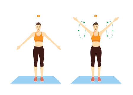 Sport woman doing exercise with Big Arm Circles posture for warm up. Rotation arms help to prevent injuries and prepare your body for strength training.のイラスト素材