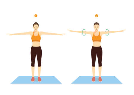 Woman doing exercise with arm circle posture for warm up before play a sport. Rotation arms help to prevent injuries and prepare your body for strength training.のイラスト素材