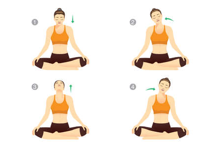 Woman is sitting cross legged and doing Neck Rolls to stretch neck muscles. Illustration about relaxing body for reduces pain.のイラスト素材