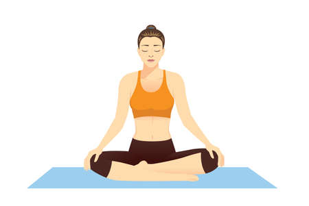 Woman is sitting cross legged on a yoga mat for meditation. Illustration about relaxing the body and doing concentration.のイラスト素材
