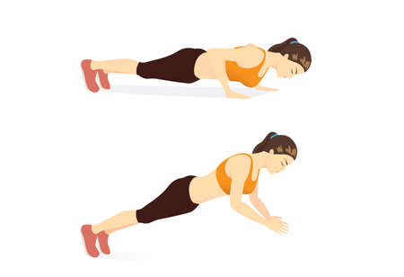 Sport women doing exercise with Clapping push ups. Workout diagram for a target on abdominal and chest muscles with no equipment.のイラスト素材