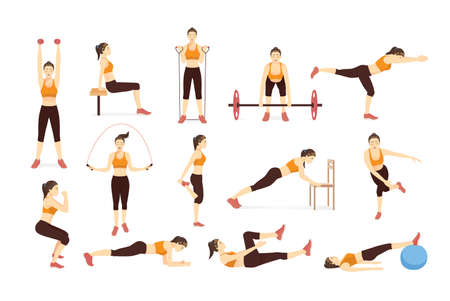 Sports Woman character in many exercise activities and pose. Set of Character cartoon about a workout.のイラスト素材
