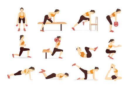 Sports Woman character in many exercise activities and pose. Set of Character cartoon about a workout.のイラスト素材