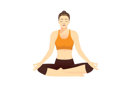 Woman meditate with Sukhasana pose she sitting cross legged on the floor. Illustration about aligning body training for make concentration.のイラスト素材