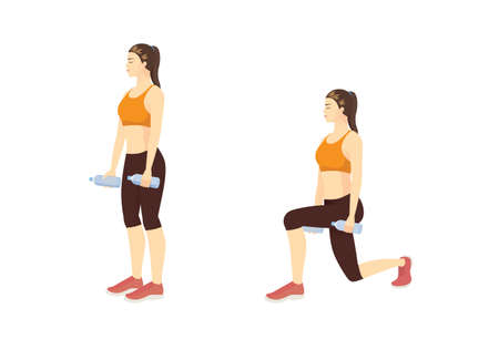 Woman doing exercise in Reverse Lunge pose with water bottle. Illustration about Fitness with lightweight equipment.のイラスト素材