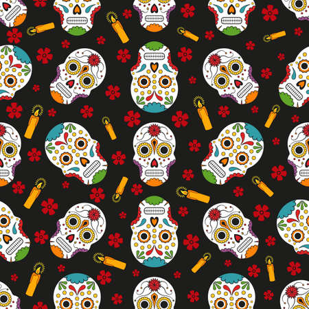 Day of Dead in Mexico, altar with photos of gone people. Vector Dia de los Muertos Mexican national holiday, skullsのイラスト素材