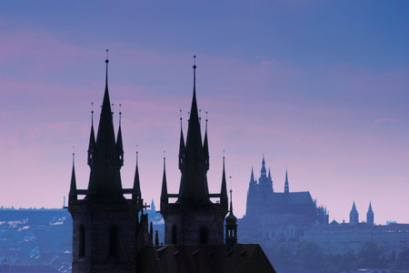 Czech Republic, Prague, silhouette of high section of Tyn church at night.の写真素材