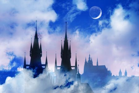 Czech Republic, Prague, silhouette of high section of Tyn church at night.の写真素材
