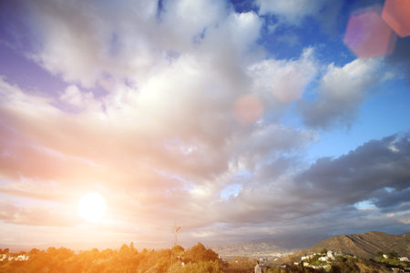Beautiful clouds over blue sky. Wide angle view.