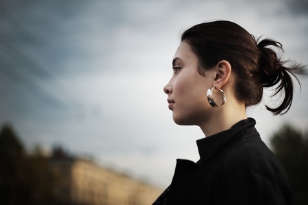 Portrait of stylish Asian woman in city, closeup.の写真素材