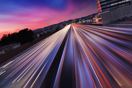 Traffic at twilight on 405 freeway in Los Angeles, California. Blurred Motion.の写真素材