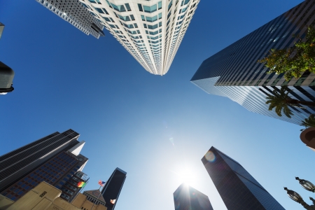 Los Angeles skyscrapers over blue sky background, wide angle view from below.の写真素材