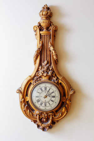 Vintage royal ornate luxury clock on white wall background.