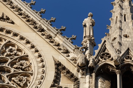 Architecture detail with statue. Notre Dame Cathedral, Ile de la Cite, Paris, Franceの写真素材