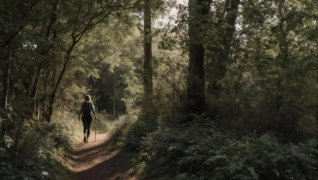 A person strolls along a path through a sun-dappled forest, tranquil and sereneの素材