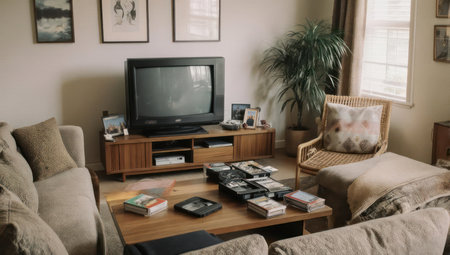 A retro living room scene with an old television, tapes, and seatingの素材