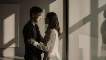 A tender moment of embrace between two young individuals bathed in soft, natural lightの素材